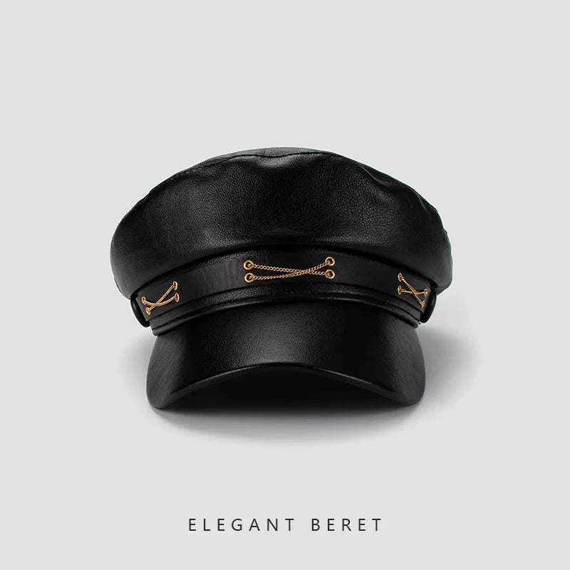 Chic Leather Beret Cap With Gold Accent AP00227