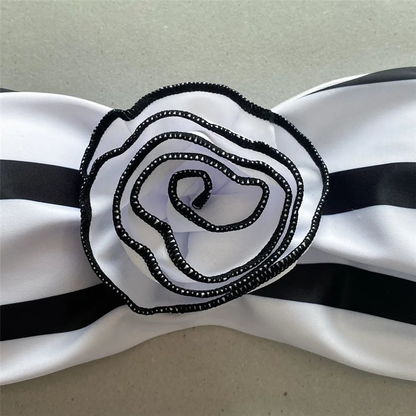 Simple Fashion Black And White Striped Bandeau Bikini Set Swimsuit AP000138