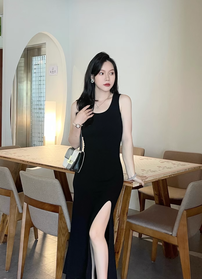New Fashion Black Sleeveless Elegant Split Spaghetti Strap Dress  AP0245