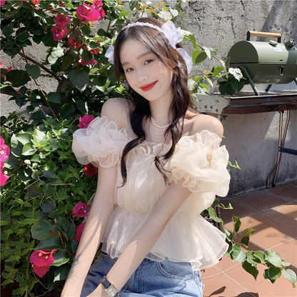 Sweet Wonderful Ladies Striped Square Neck Collar Mesh Pleated Ruffle Shirt Puff Short Sleeve Off Shoulder Top AP000196