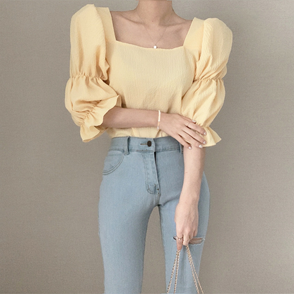 New Vintage Sexy Women Pleated Top Smocked Square Neck Collar Puff Sleeve Tops Blouse AP000195