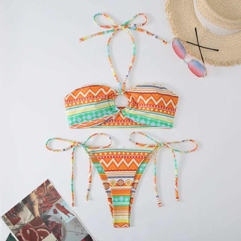 Bohemian Printed Halter Neck Bikini Swimwear Set For Women AP000121