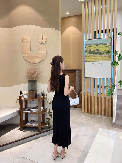 New Fashion Black Sleeveless Elegant Split Spaghetti Strap Dress  AP0245