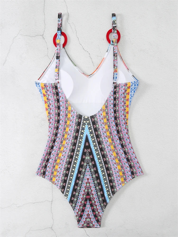 Simple Fashion Women Tropical Print One-piece Swimsuit With Ring Detail AP000148