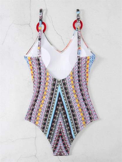 Simple Fashion Women Tropical Print One-piece Swimsuit With Ring Detail AP000148