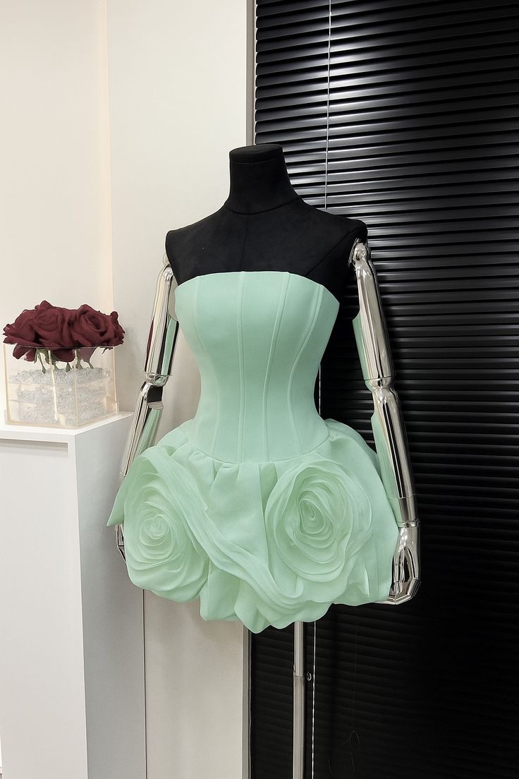 Edgy Mint Green Strapless Corset Bodice A Line Short Homecoming Dress With Oversized 3D Rose Bubble Skirt AS542