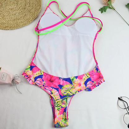 Elegant Women Tropical Print One-piece Ruffle Swimsuit Swimwear AP000137