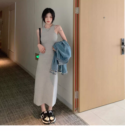 Simple Women Fashion Gray Black Halter Dress AP0238