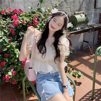 Sweet Wonderful Ladies Striped Square Neck Collar Mesh Pleated Ruffle Shirt Puff Short Sleeve Off Shoulder Top AP000196