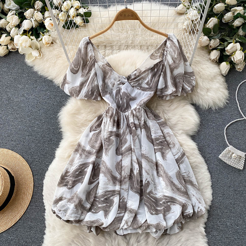 Vintage V-neck Puff Sleeve Dress Puffy A-line Dress AP0003