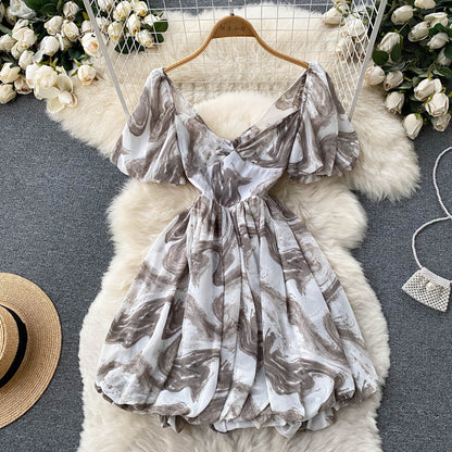 Vintage V-neck Puff Sleeve Dress Puffy A-line Dress AP0003