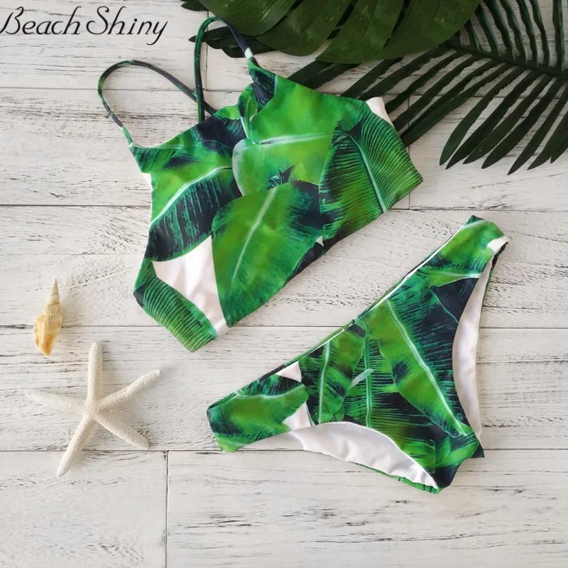 Simple Cute Women Tropical Leaf Print String Tie Bikini Set AP000142
