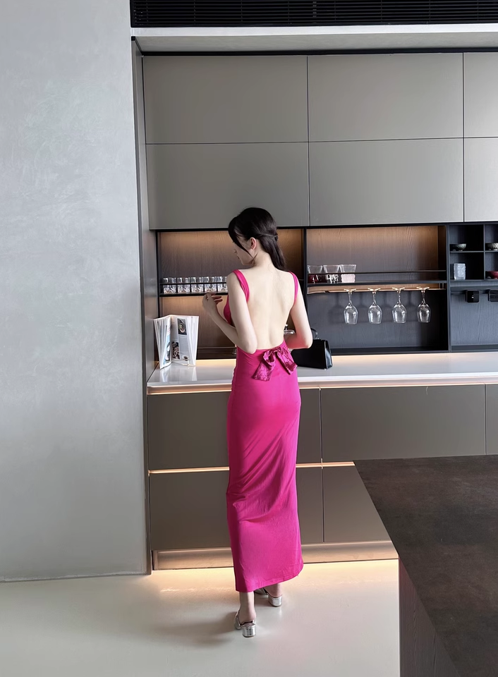 Stylish Ros Pink Sleeveless Backless Seaside Holiday Halter Dress  AP0241