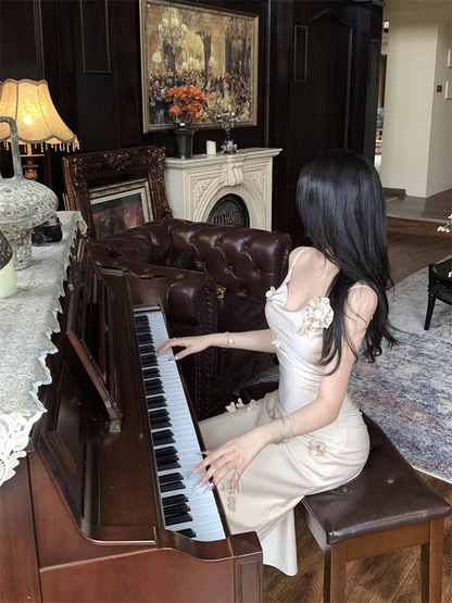 New Elegant Three-dimensional Floral Decoration Slim Mermaid Spaghetti Strap Dress  AP0257