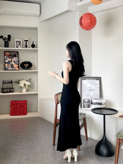 New Fashion Black Sleeveless Elegant Split Spaghetti Strap Dress  AP0245