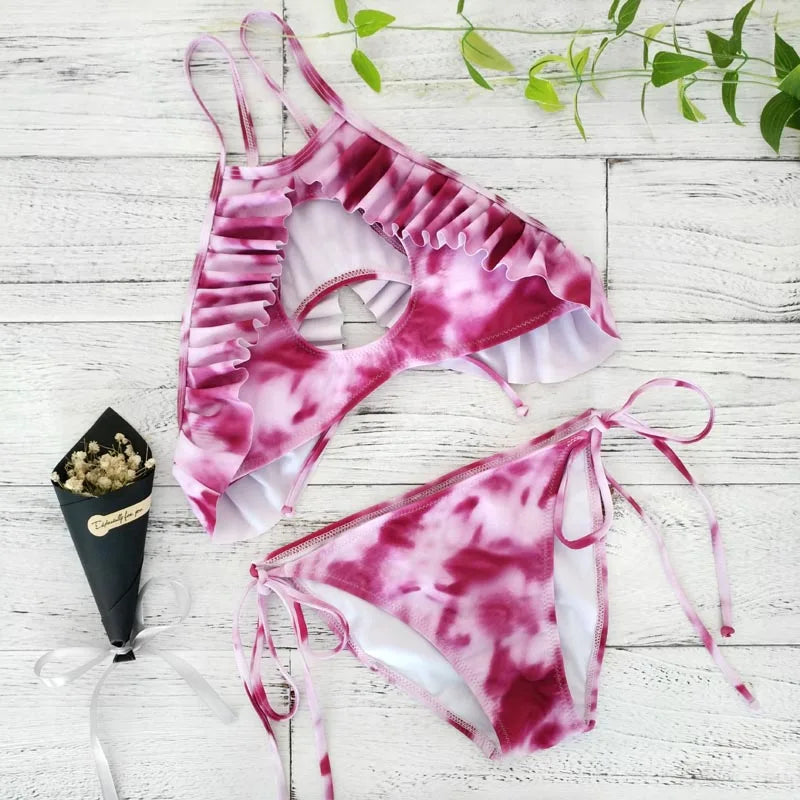 Simple Cute Women Tropical Leaf Print String Tie Bikini Set AP000142