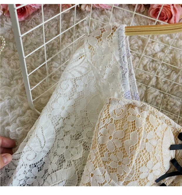 New Fashion Palace Style Temperament Women Lotus Leaf Waist Lace Square Collar Sweet Bowknot Puff Sleeve Crop Bustier Top Blouse AP000194