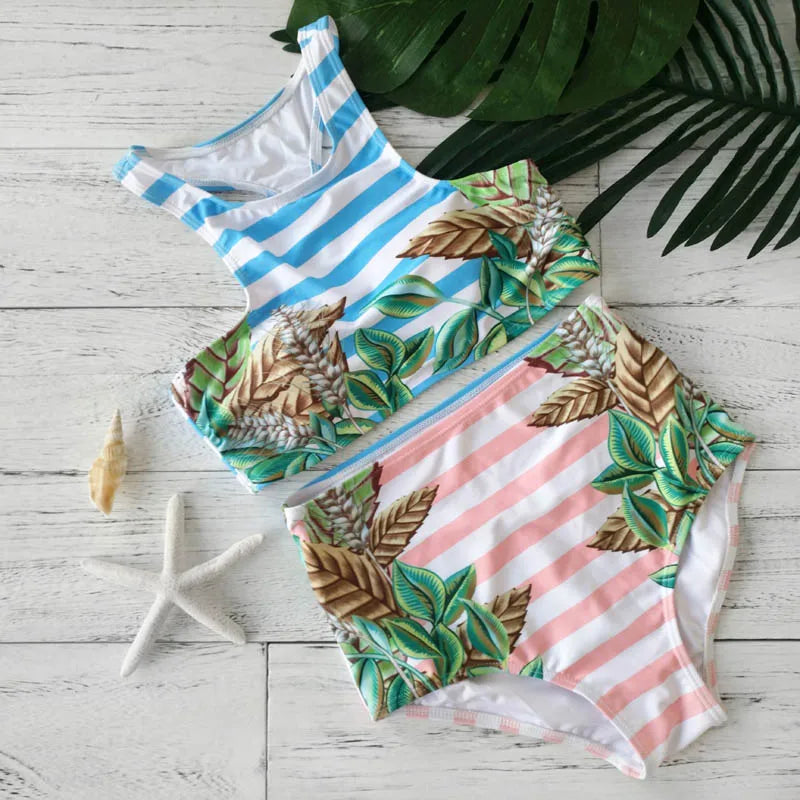 Simple Cute Women Tropical Leaf Print String Tie Bikini Set AP000142