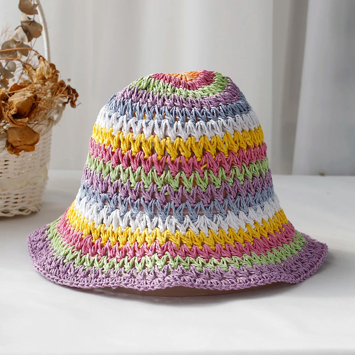 Handwoven Colorful Striped Summer Beach Bucket Hat AP00232