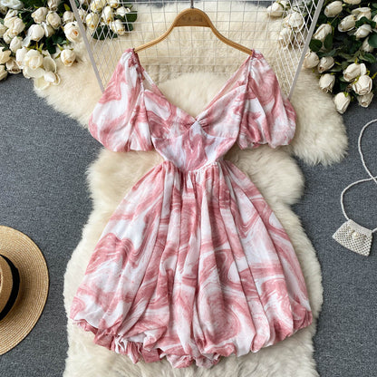 Vintage V-neck Puff Sleeve Dress Puffy A-line Dress AP0003