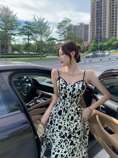 New Fashion Stylish Floral High-waisted Spaghetti Strap Dress AP0237