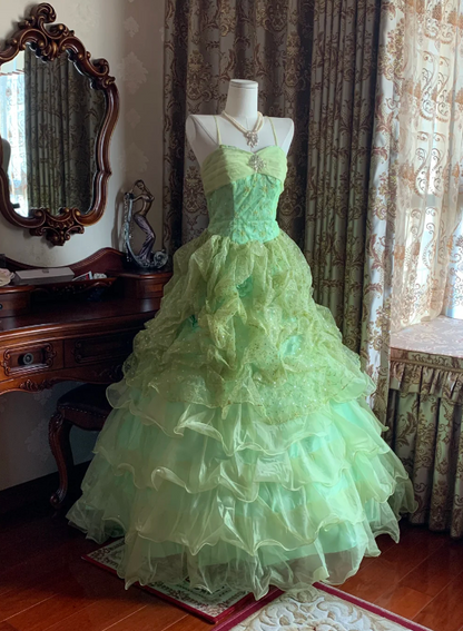 Sparkly Light Green Spaghetti Straps Tiered Tulle Ball Gown Sparkly Prom Dress AD235