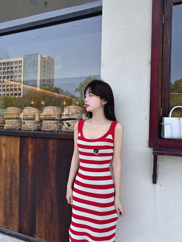 New Fashion Red Streak Casual Sleeveless Spaghetti Strap Dress  AP0249