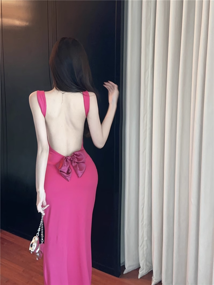 Stylish Ros Pink Sleeveless Backless Seaside Holiday Halter Dress  AP0241
