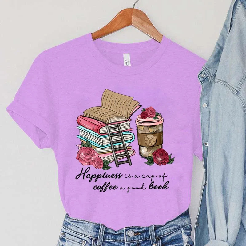 Women Happiness Coffee And Book Lover Graphic Tee New Fashion Simple T-shirt AP000167