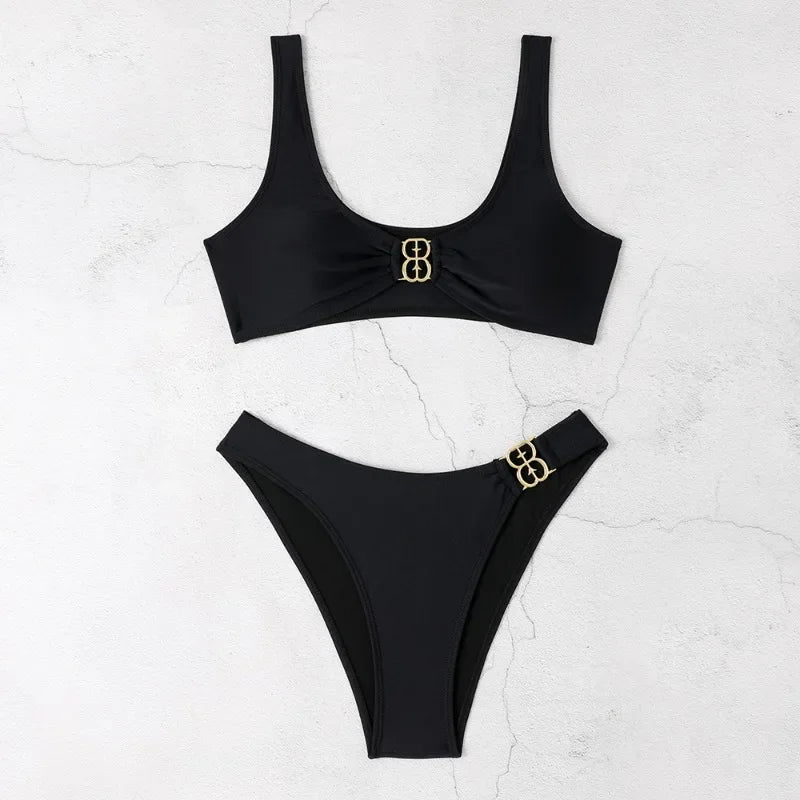 Elegant Black High-waisted Bikini With Gold Accents AP000136