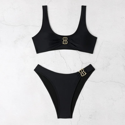 Elegant Black High-waisted Bikini With Gold Accents AP000136