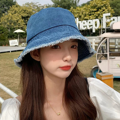 Denim Frayed Edge Bucket Hat For Women AP00235