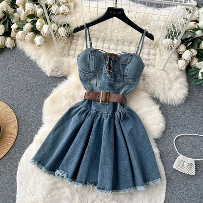 Fashion Women Sleeveless Denim Corset Dress With Belted Waist AP00220