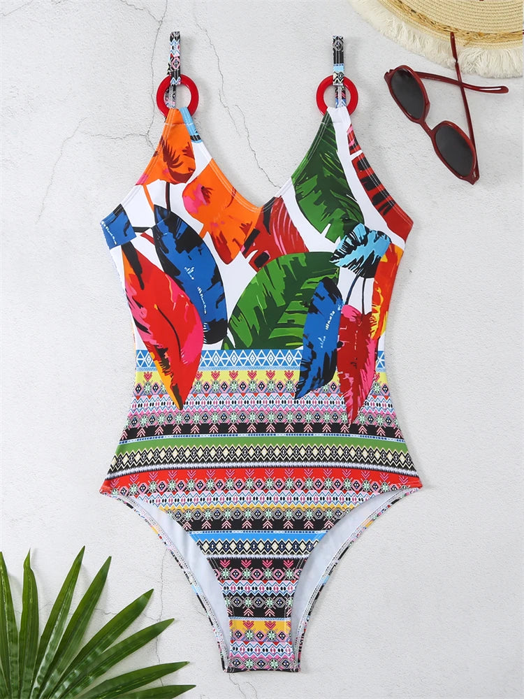 Simple Fashion Women Tropical Print One-piece Swimsuit With Ring Detail AP000148