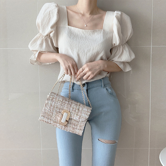 New Vintage Sexy Women Pleated Top Smocked Square Neck Collar Puff Sleeve Tops Blouse AP000195