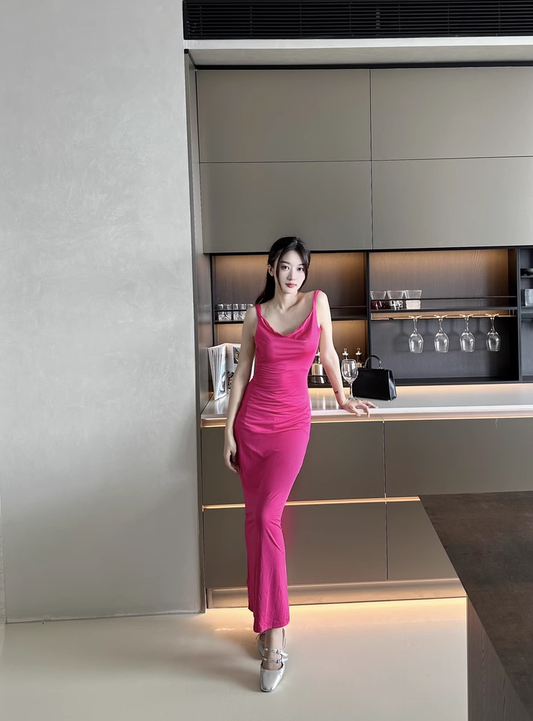 Stylish Ros Pink Sleeveless Backless Seaside Holiday Halter Dress  AP0241