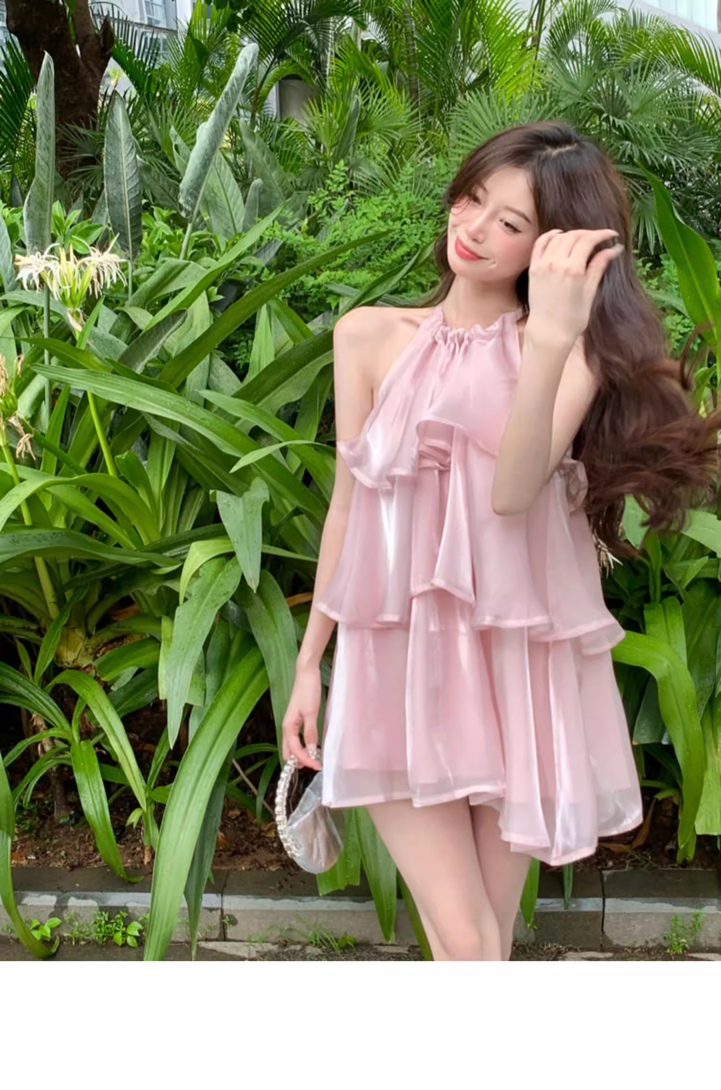 Stylish Pink Patchwork Ruffled Sleeveless Seaside Holiday Halter Dress  AP0240