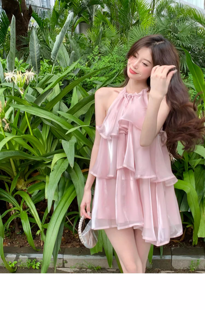 Stylish Pink Patchwork Ruffled Sleeveless Seaside Holiday Halter Dress  AP0240