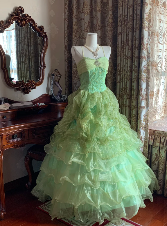 Sparkly Light Green Spaghetti Straps Tiered Tulle Ball Gown Sparkly Prom Dress AD235