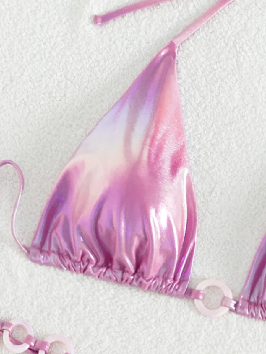 Simple Women Shiny Metallic Tie Bikini Swimsuit Two-piece Set AP000149