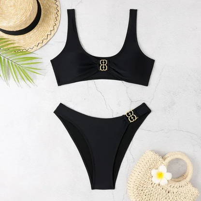 Elegant Black High-waisted Bikini With Gold Accents AP000136