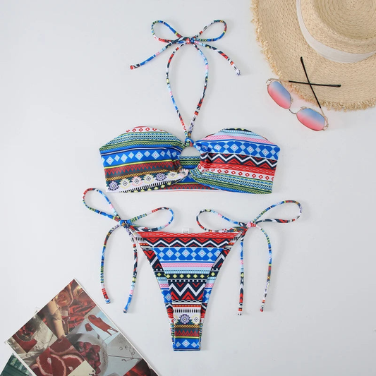 Bohemian Printed Halter Neck Bikini Swimwear Set For Women AP000121