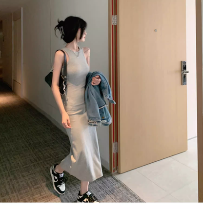 Simple Women Fashion Gray Black Halter Dress AP0238