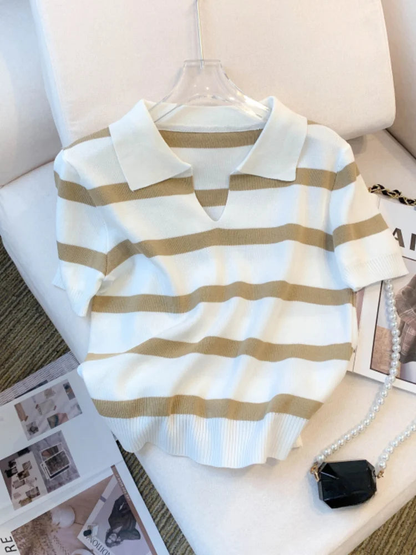 Fashion New Striped Short Sleeve Polo Collar Knit Shirt AP000184