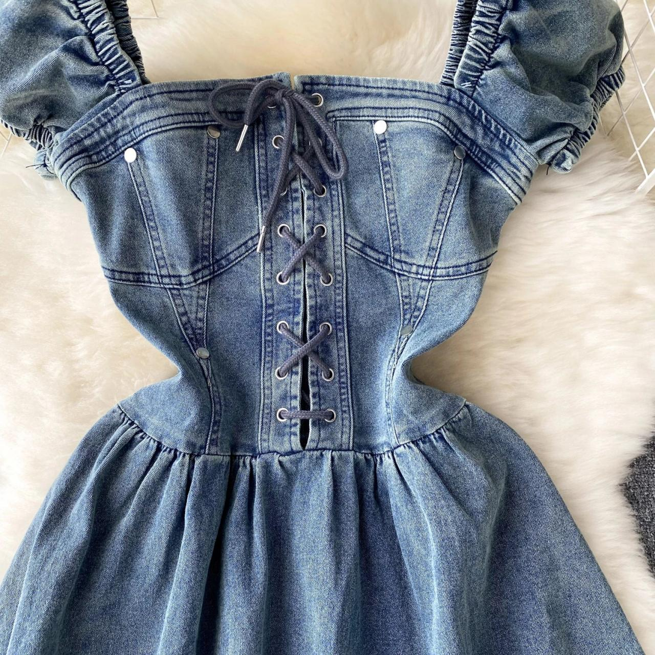 Women Simple Elegant Denim Dress With Puff Sleeves And Lace-up AP00208