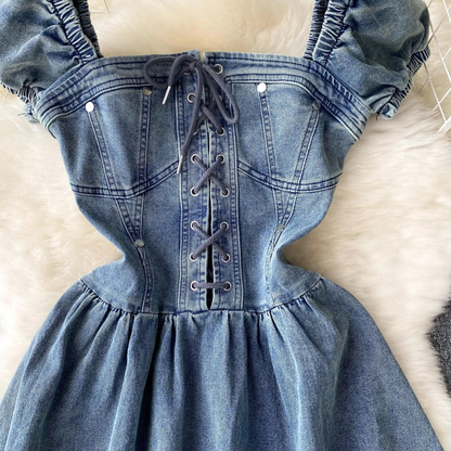 Women Simple Elegant Denim Dress With Puff Sleeves And Lace-up AP00208