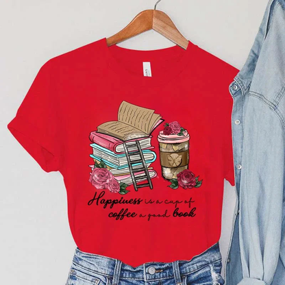 Women Happiness Coffee And Book Lover Graphic Tee New Fashion Simple T-shirt AP000167