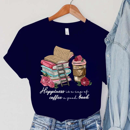 Women Happiness Coffee And Book Lover Graphic Tee New Fashion Simple T-shirt AP000167