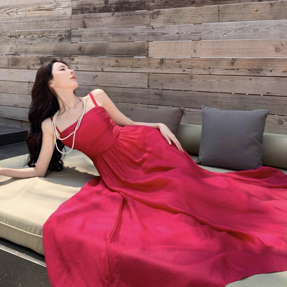 New Elegant Stylish Rose Red High-waisted Spaghetti Strap Dress AP0236