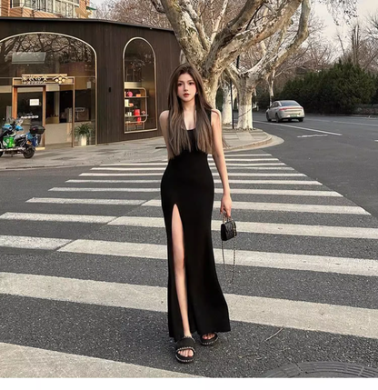 New Fashion Black Sleeveless Elegant Split Spaghetti Strap Dress  AP0245